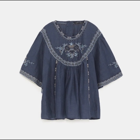 Zara‎ Denim Peasant Embroidered Floral Linen Blend Top Blouse Size Xs - Picture 2 of 14